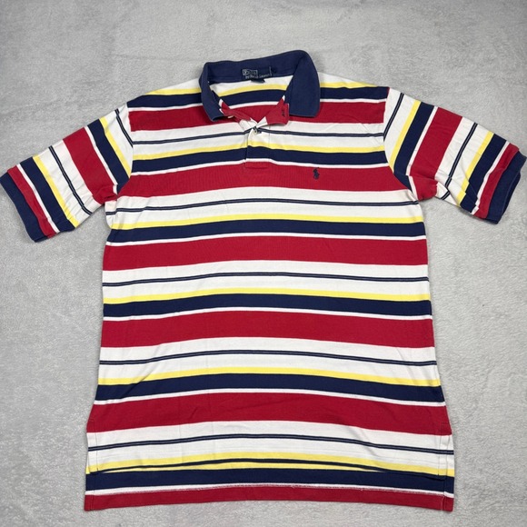 Polo Ralph Lauren Striped Polo Shirt Navy Red Yellow White Cotton Size M - Picture 3 of 12